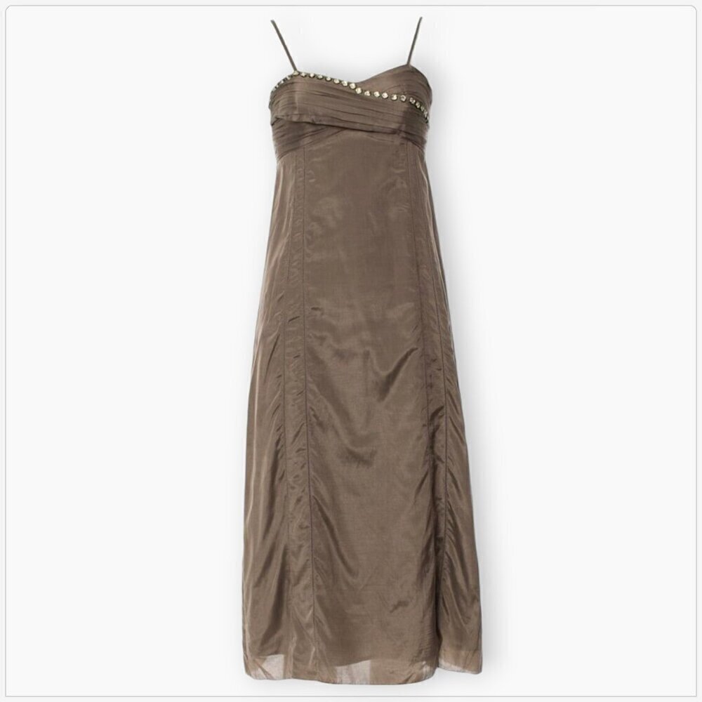 Stella & Jamie Taupe Tan Silk Cotton Empire Waist Rhinestone Slip Dress NEW L